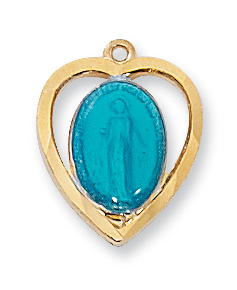 Blue Miraculous Medal in Gold Heart Necklace